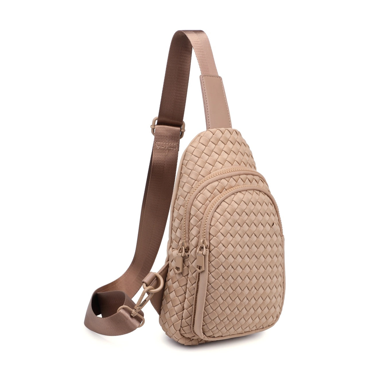 Woven neoprene women's sling backpack in Nude / Tan with adjustable strap and zippered compartments.