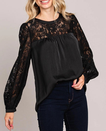 Curvy Black Satin & Lace Long Sleeve Blouse