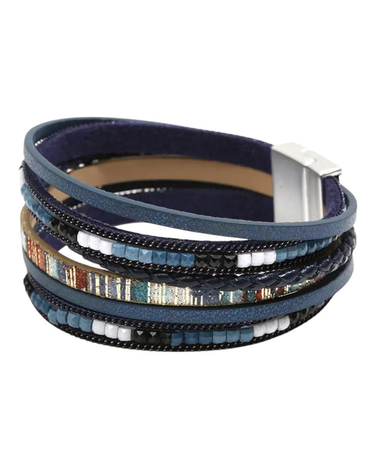 Navy Boho Woven Leather and Bead Bracelet