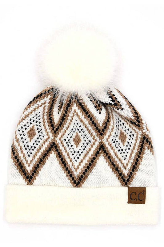 C.C Diamond Geometric Pattern Pom Winter HAt: Ivory