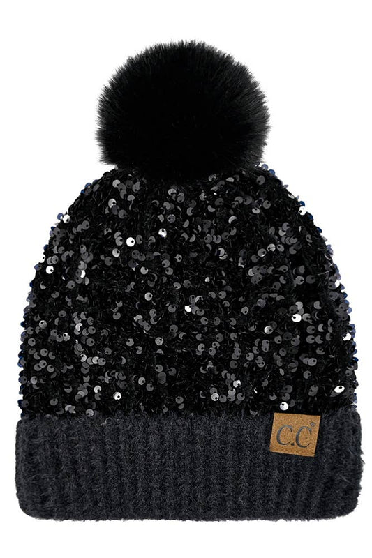 C.C Sequin Fur Pom Winter Hat: Black