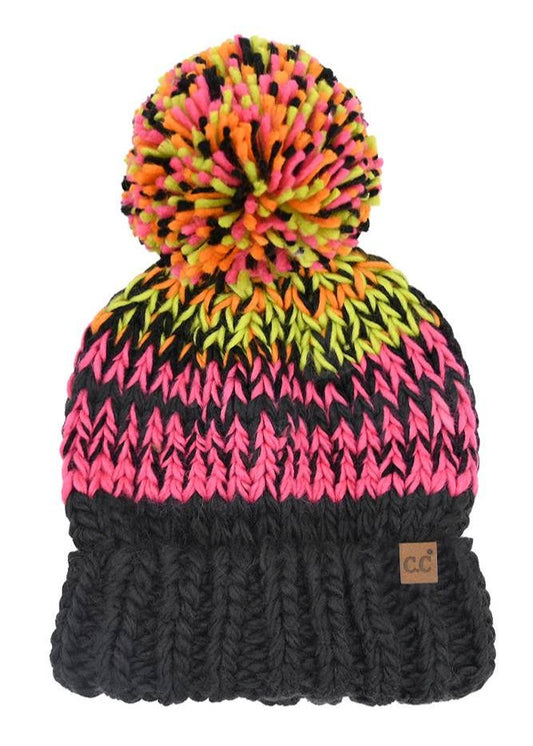 C.C Multi Color Chunky Yarn Pom Winter Hat: Black and Pink