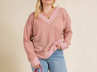 Casually Cool Curvy Brushed Waffle V-Neck (Mauve)