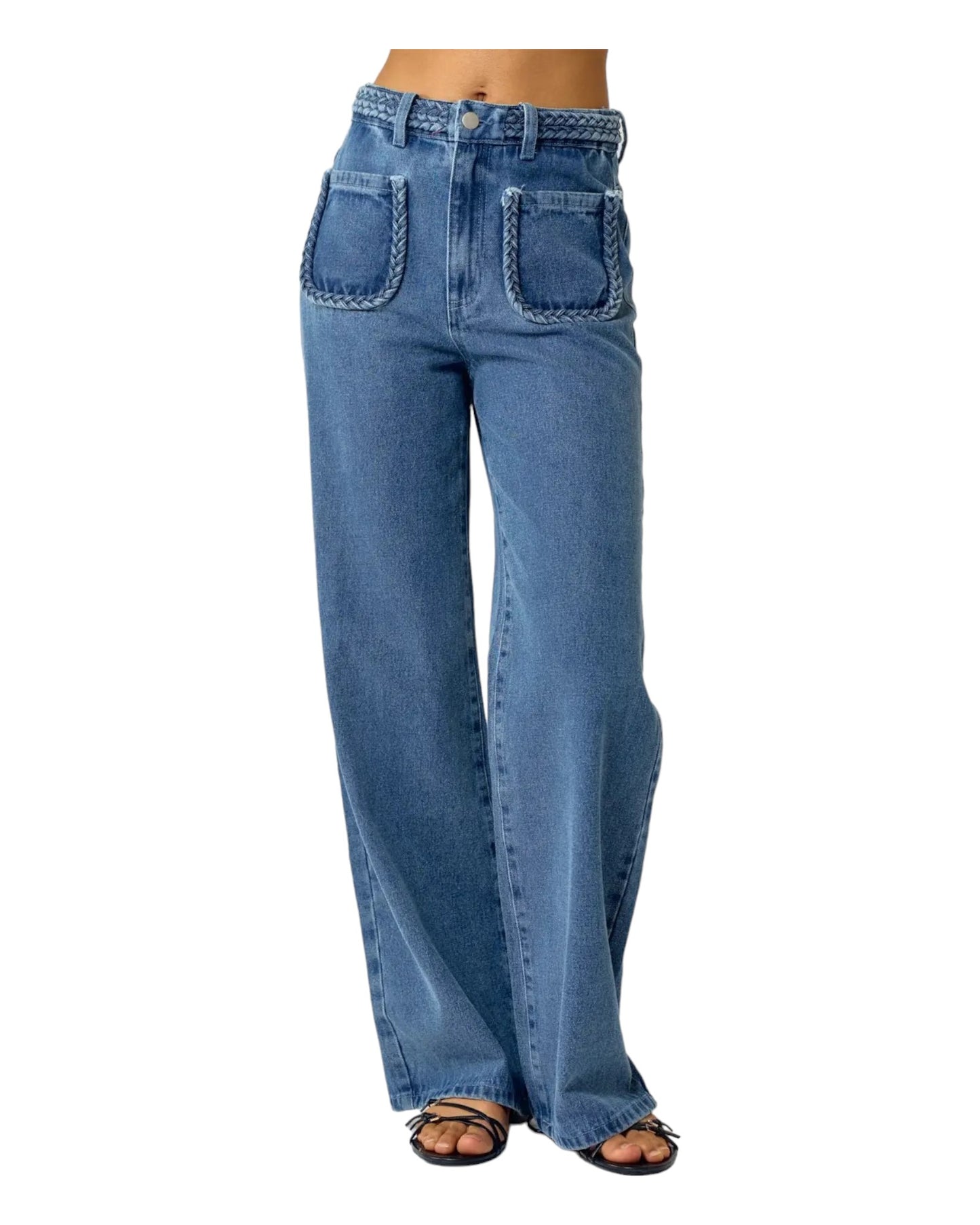 High waist blue denim jeans with braided waistband detail, straight wide-leg fit, and extra-high waist. Made from no-stretch fabric with front pockets and a longer inseam, ideal for a slender silhouette. Medium blue washed denim.