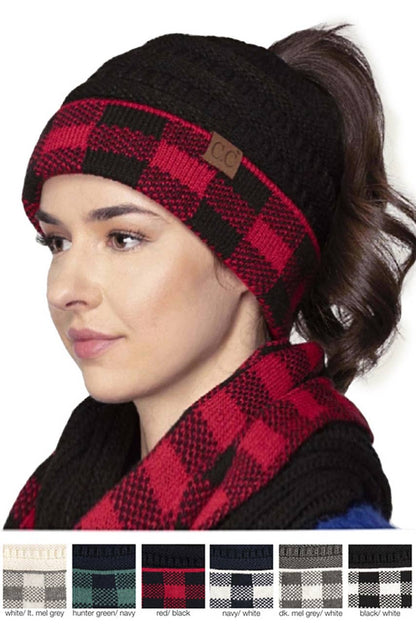 C.C Buffalo Check Messy Bun Ponytail Beanie: Black/White Plaid