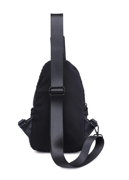 Woven neoprene women's sling backpack in Black with adjustable strap and zippered compartments.