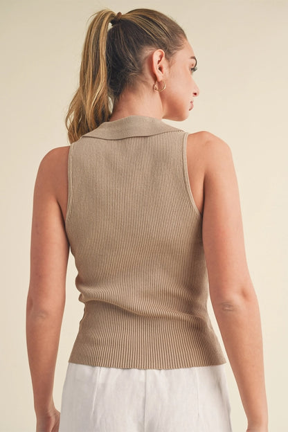 Shitake Tan Collared Knit Sleeveless Top