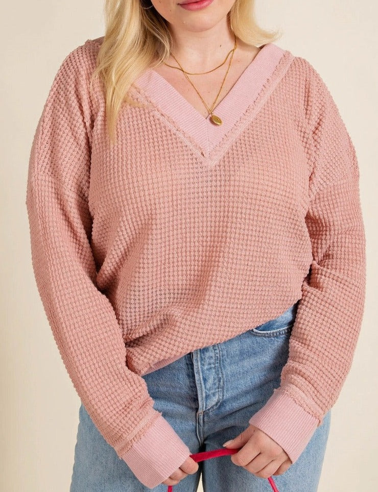 Casually Cool Curvy Brushed Waffle V-Neck (Mauve)