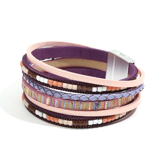 Purple Boho Magnetic Buckle Leather Bracelet