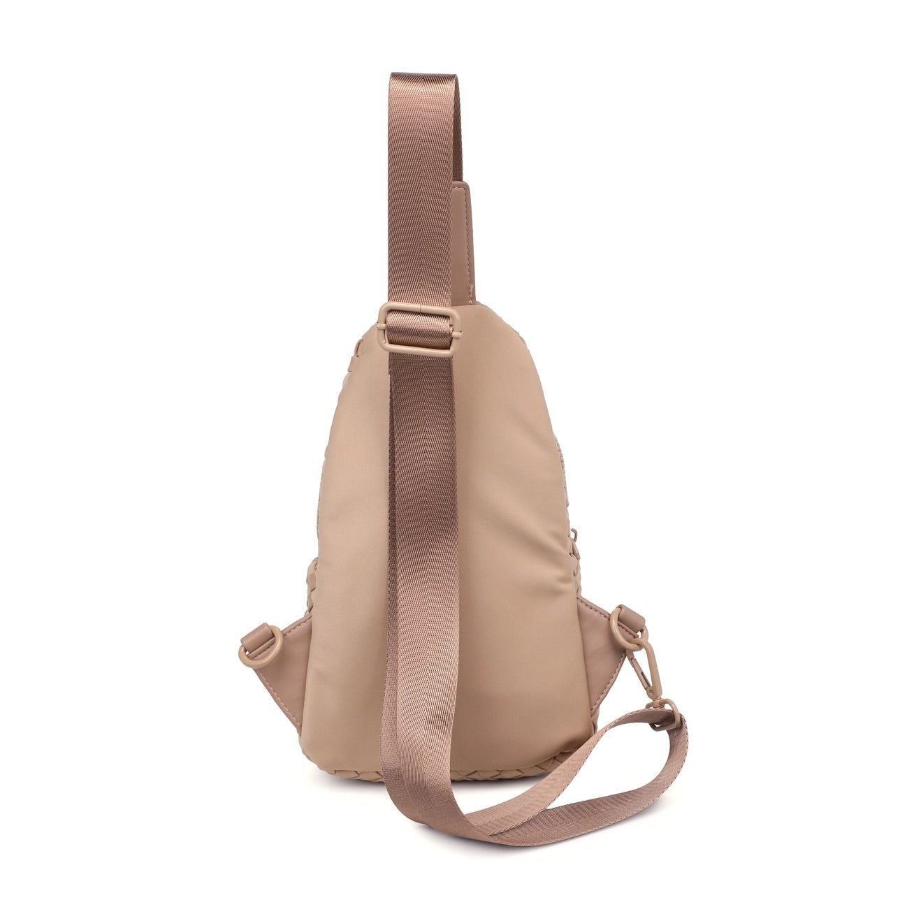 Woven neoprene women's sling backpack in Nude / Tan with adjustable strap and zippered compartments.