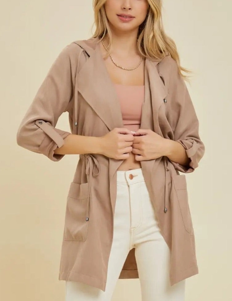 Taupe Hooded Peachskin Lightweight Jacket