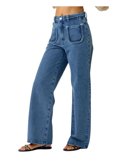 High waist blue denim jeans with braided waistband detail, straight wide-leg fit, and extra-high waist. Made from no-stretch fabric with front pockets and a longer inseam, ideal for a slender silhouette. Medium blue washed denim.