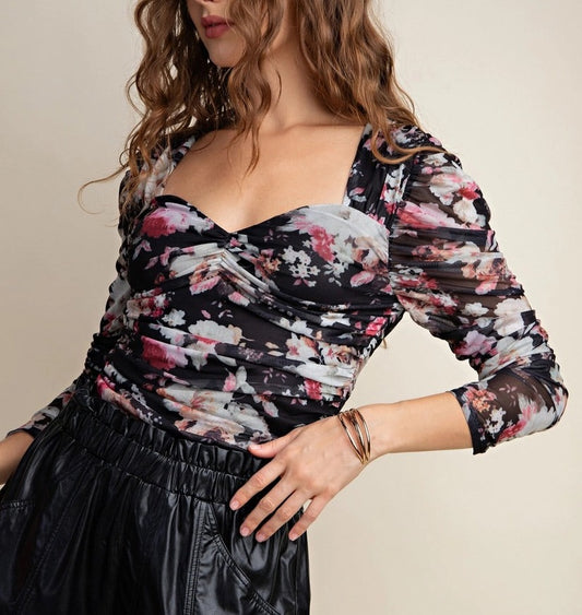 Black Floral Mesh Corset Long Sleeve Top