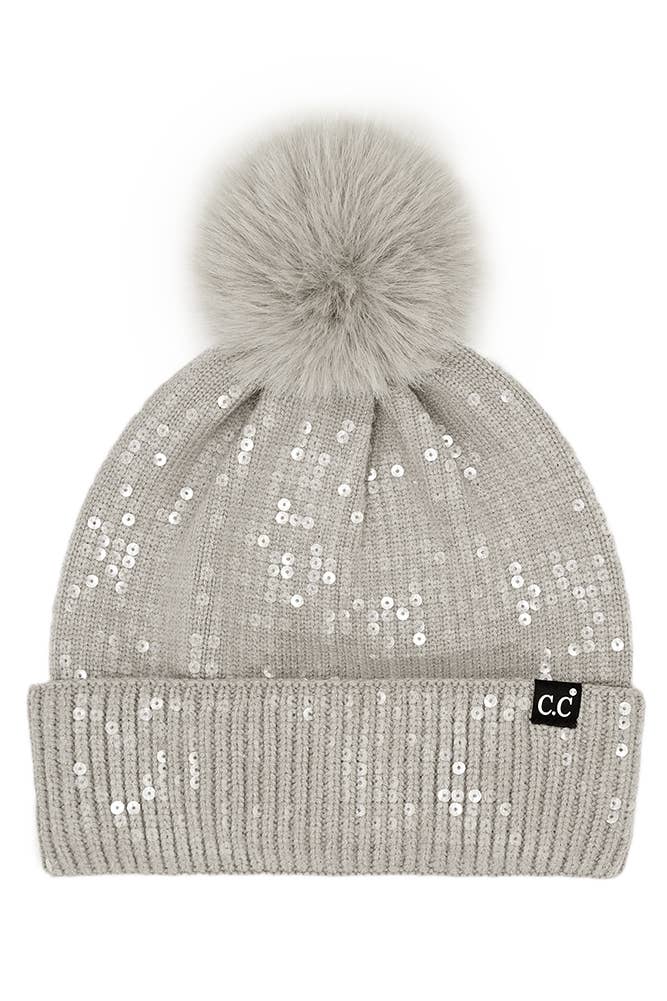 C.C All Over Clear Sequin Pom Winter Hat: Light Gray