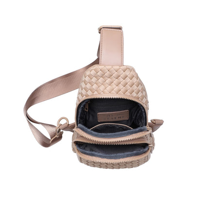 Woven neoprene women's sling backpack in Nude / Tan with adjustable strap and zippered compartments.