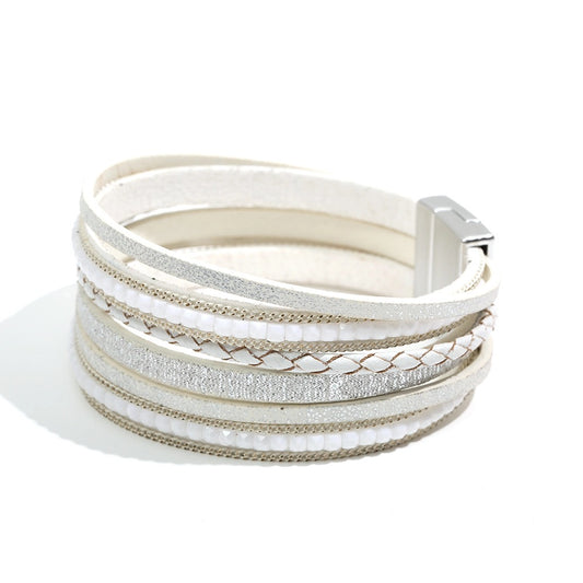 White Boho Magnetic Buckle Leather Bracelet