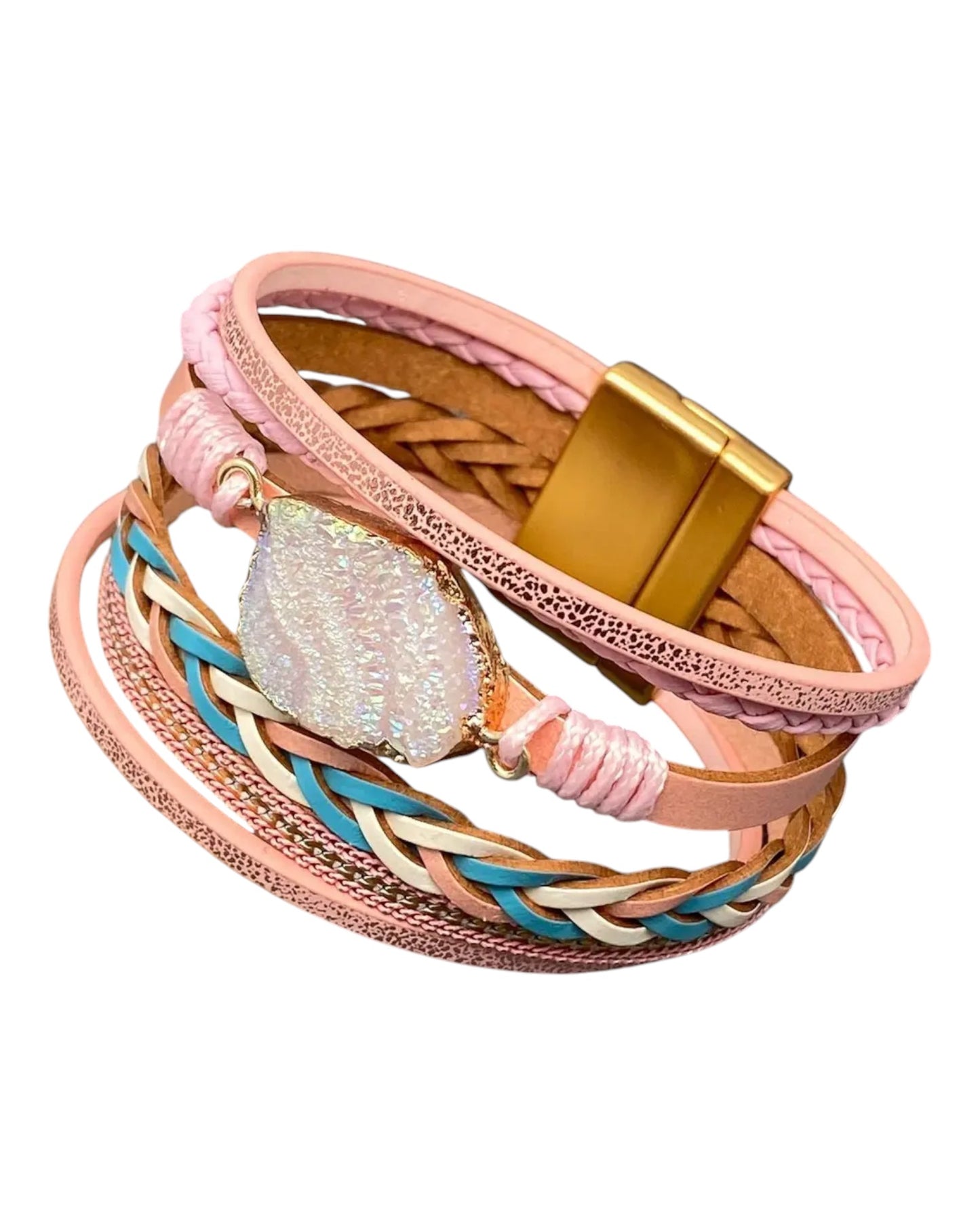 Pink Crystal Charm Boho Woven Leather Bracelet