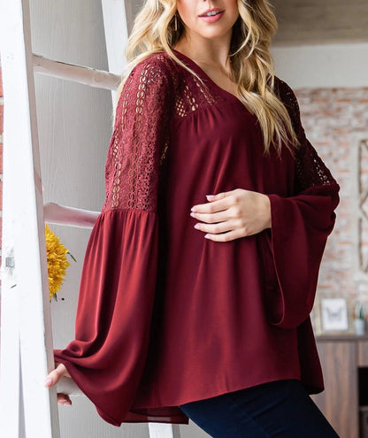 Lace Burgundy Retro Bell Sleeve Top