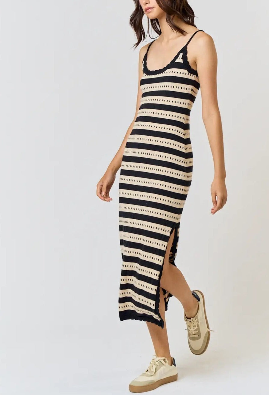 Black & Tan Striped Midi Dress