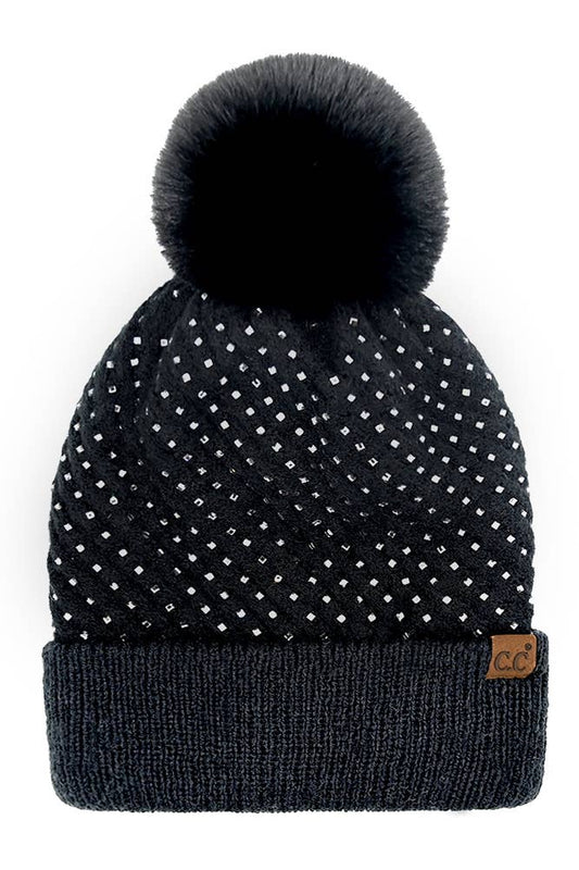 C.C Allover Rhinestone Pom Winter Hat: Black