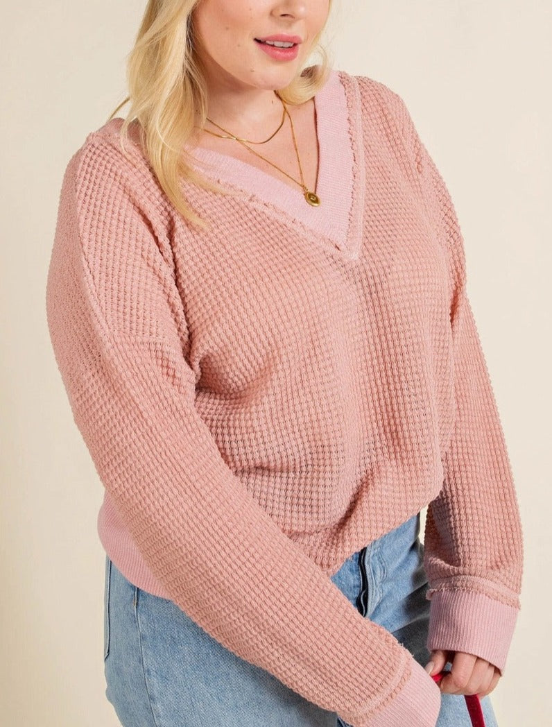 Casually Cool Curvy Brushed Waffle V-Neck (Mauve)