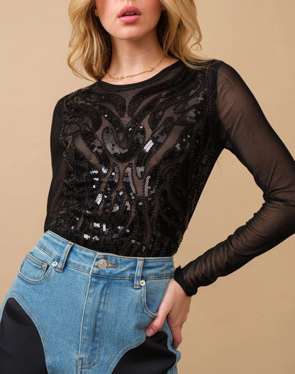 Shining Star Black Sequin & Mesh Bodysuit