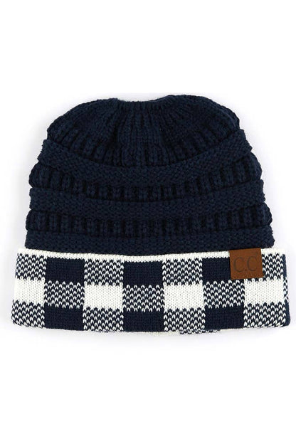 C.C Buffalo Check Messy Bun Ponytail Beanie: Navy/White