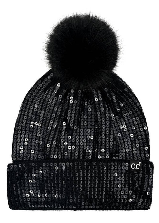 C.C All Over Clear Sequin Pom Winter Hat: Black