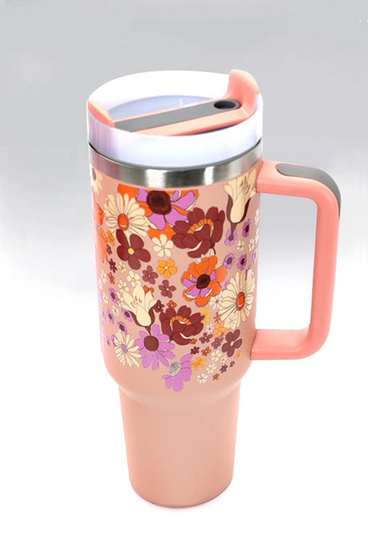 40oz stainless steel floral design tumbler with handle, double-wall vacuum insulation, and BPA-free lid and straw.