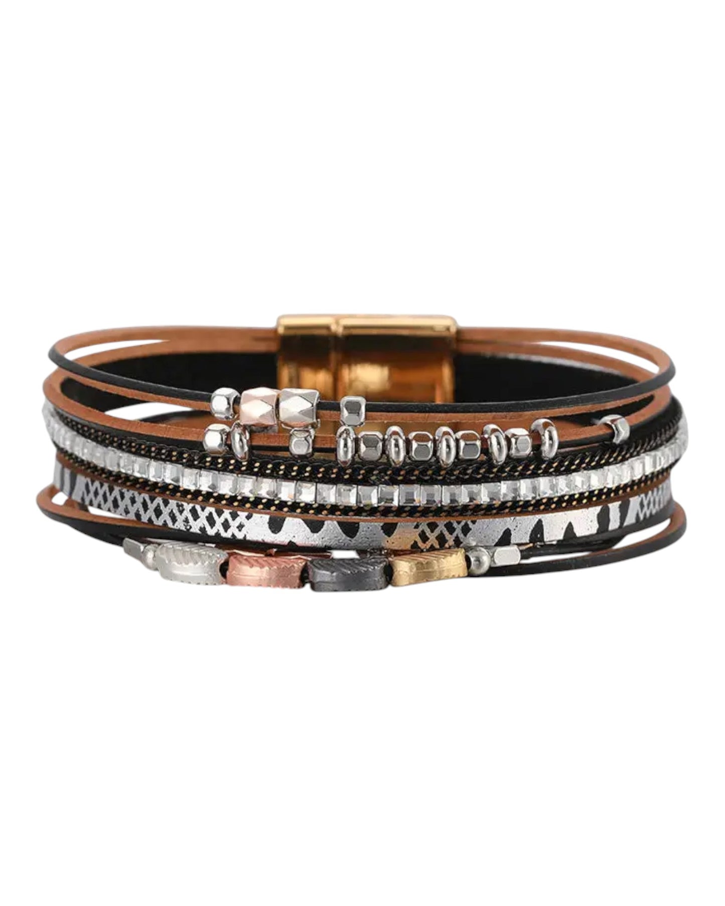 Black Leaf Charm Leather and Stone Multi-Layer Bracelet