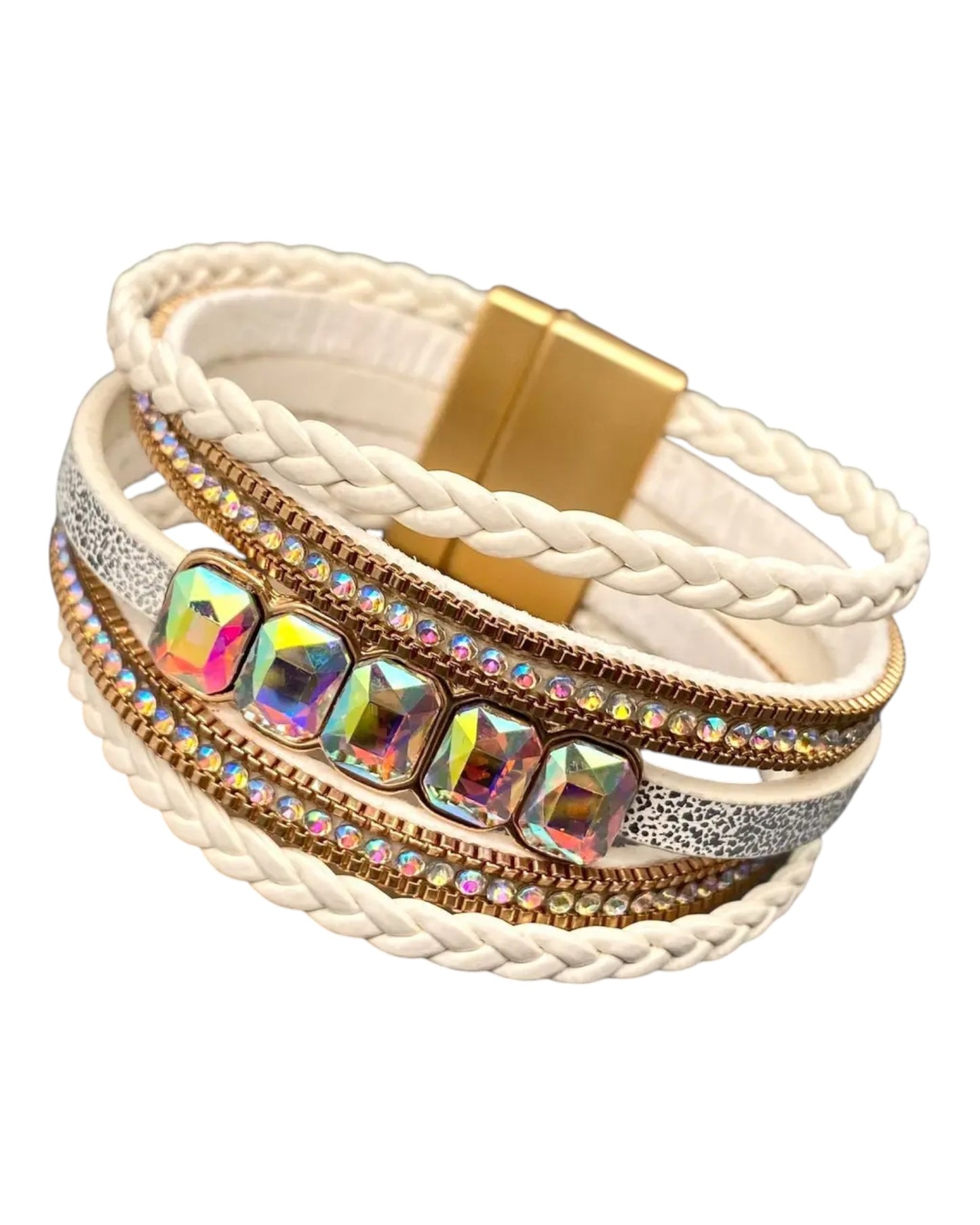 Ivory Boho Sparkling Rhinestone Multi-layer Leather Bracelet