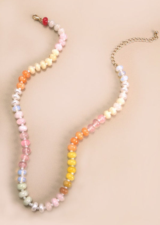 Natural agate glass semi-precious bead necklace with gold-plated finish, adjustable length, and lobster claw clasp.