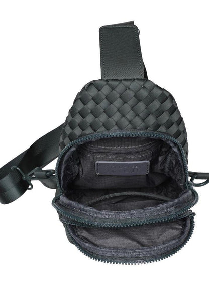 Woven neoprene women's sling backpack in Black with adjustable strap and zippered compartments.