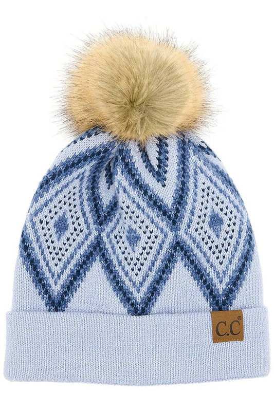 C.C Diamond Geometric Pattern Pom Winter Hat: Light Blue