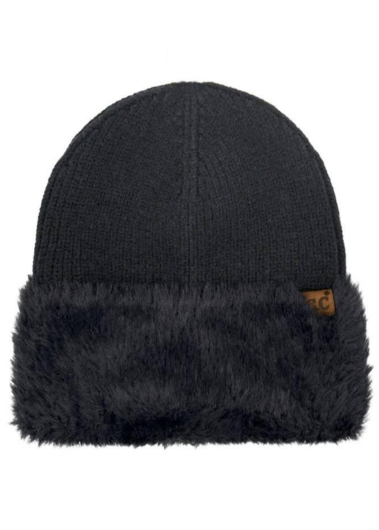 C.C Fur Cuff Beanie Winter Hat: Black