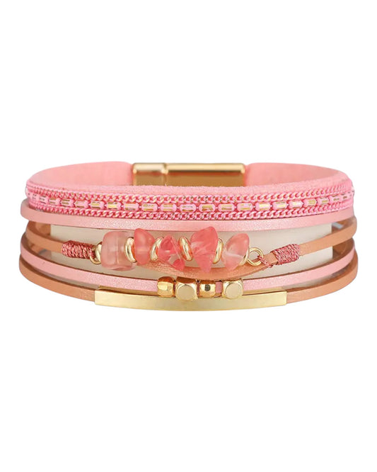 Pink Boho Natural Stone & Leather Woven Bracelet