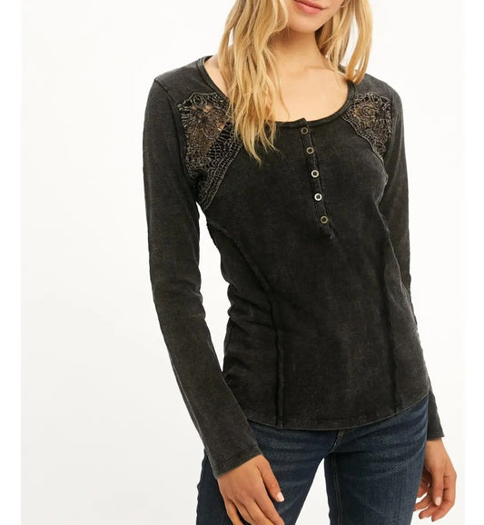 Coal Cotton & Lace Long Sleeve Top