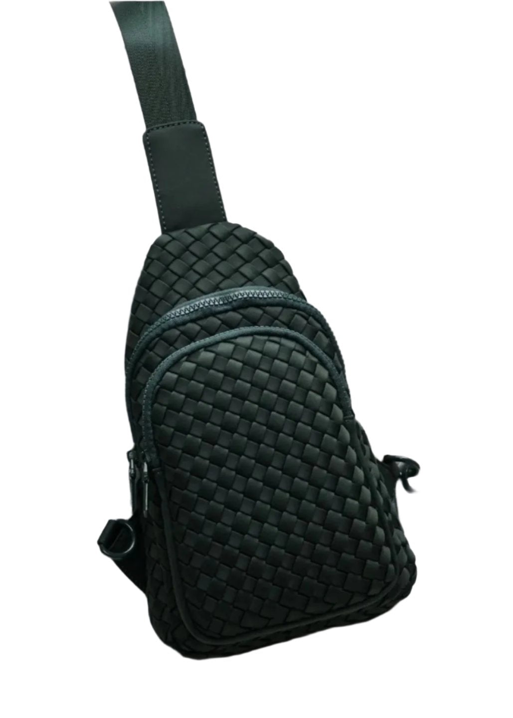 Woven neoprene women's sling backpack in Black with adjustable strap and zippered compartments.