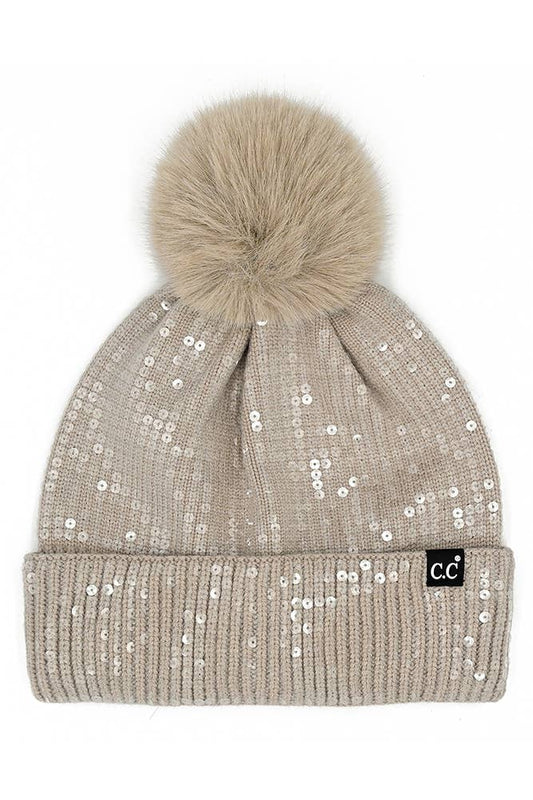 C.C All Over Clear Sequin Pom Winter Hat: Light Taupe