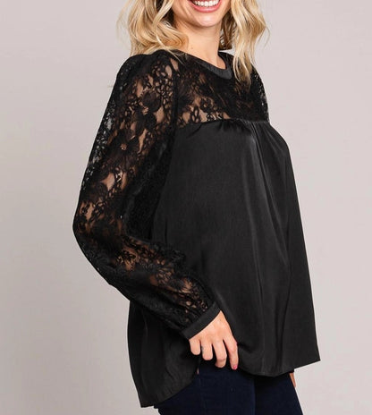 Curvy Black Satin & Lace Long Sleeve Blouse