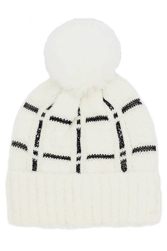 Plaid Pattern Pom Winter Hat: Ivory