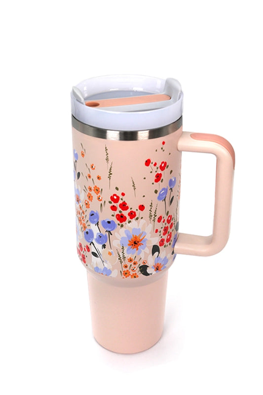 40oz stainless steel floral design tumbler with handle, double-wall vacuum insulation, and BPA-free lid and straw.