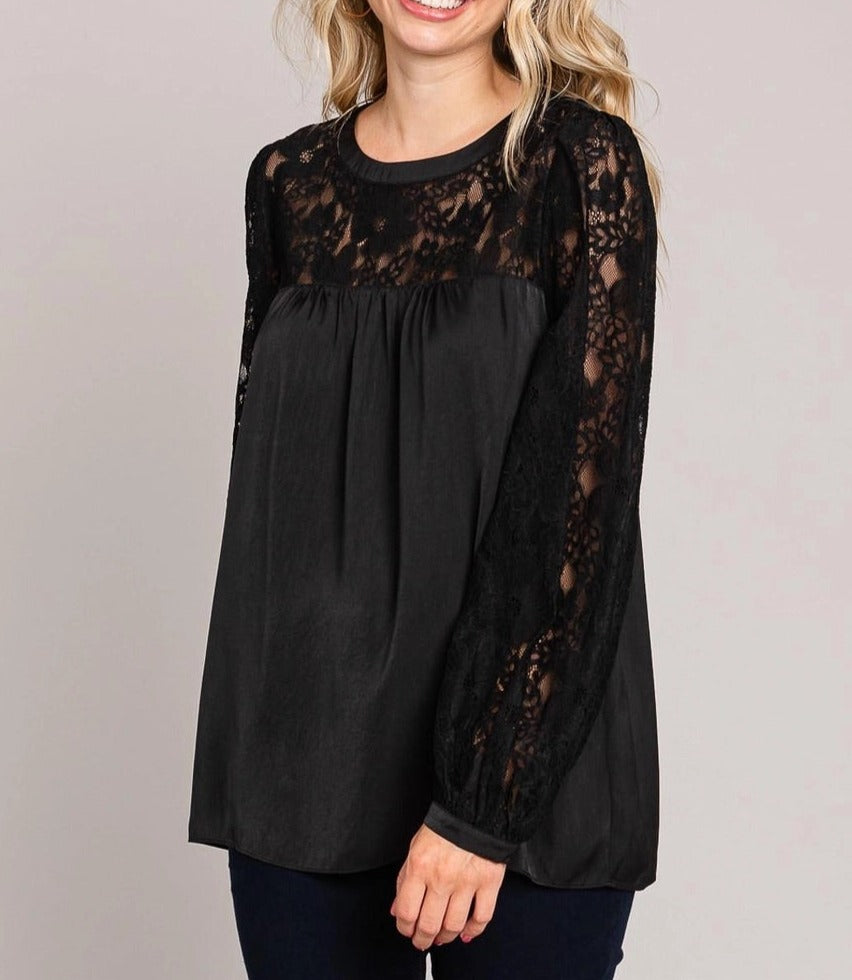 Curvy Black Satin & Lace Long Sleeve Blouse