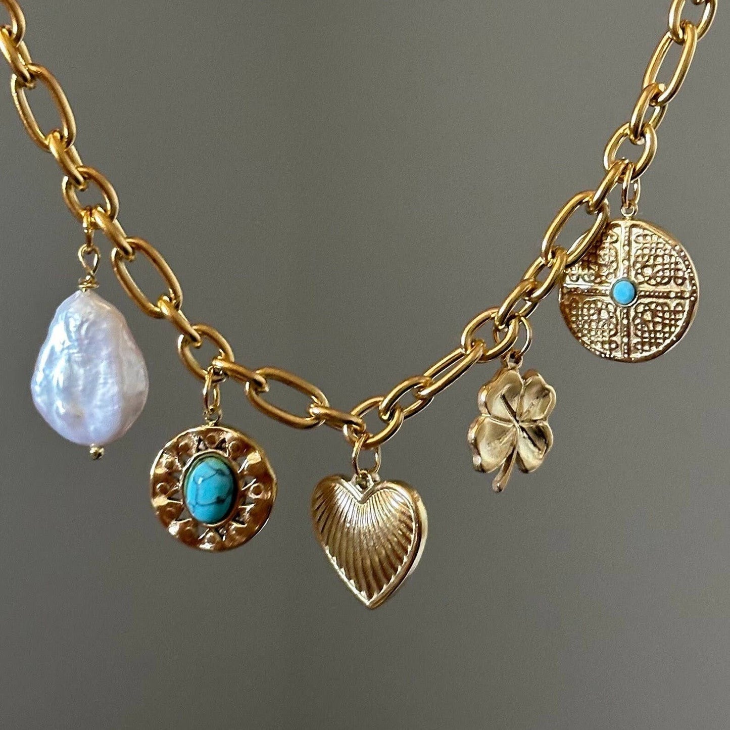 Boho Gold and Turquoise 5-Charm Statement Necklace