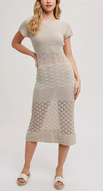 Eyelet Knit Tan Midi Dress