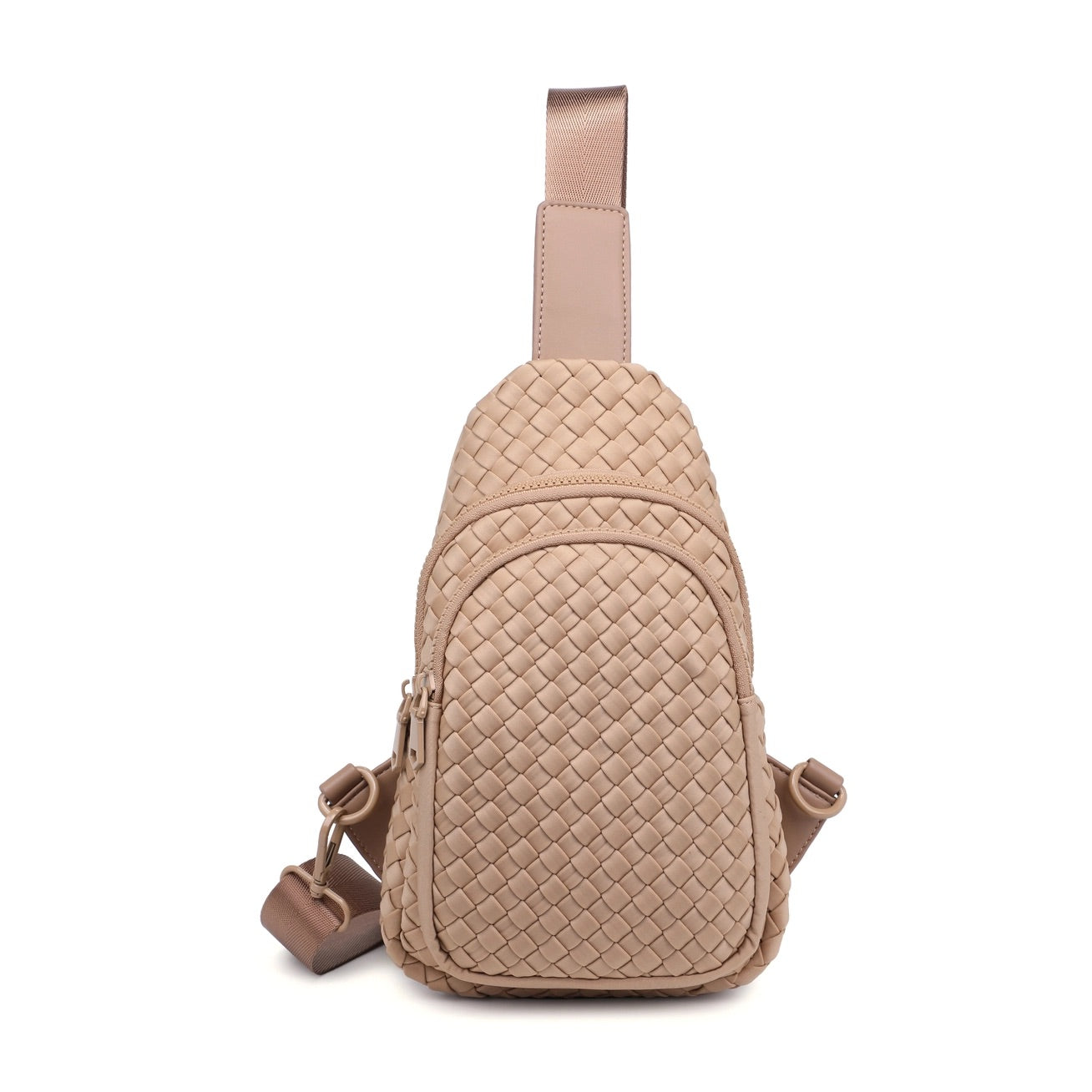 Woven neoprene women's sling backpack in Nude / Tan with adjustable strap and zippered compartments.