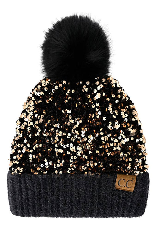 C.C Sequin Fur Pom Winter Hat: Gold