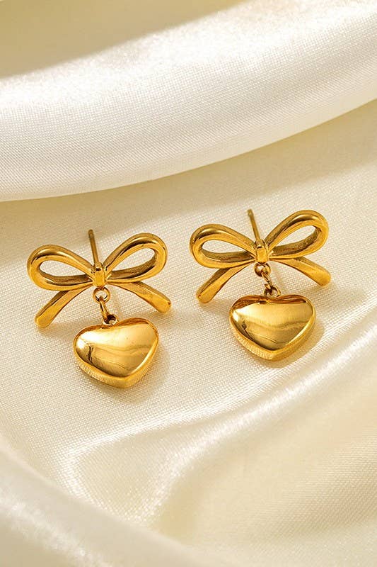 18K gold bow and heart-shaped stainless steel earrings, tarnish-free and waterproof.