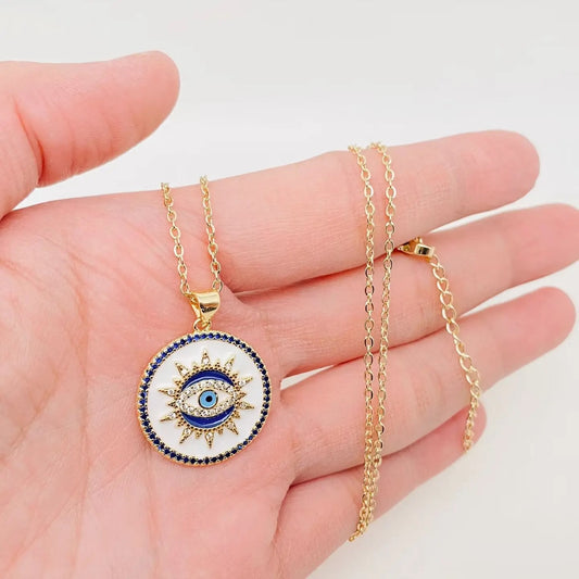 White, Blue and Gold Evil Eye Pendant Necklace