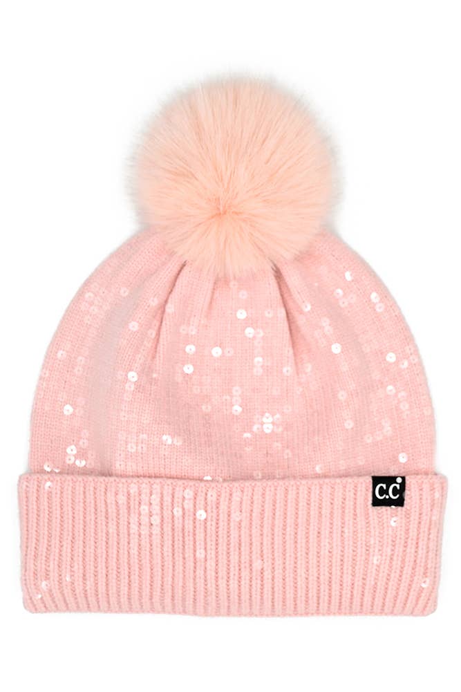 C.C All Over Clear Sequin Pom Winter Hat: Pink